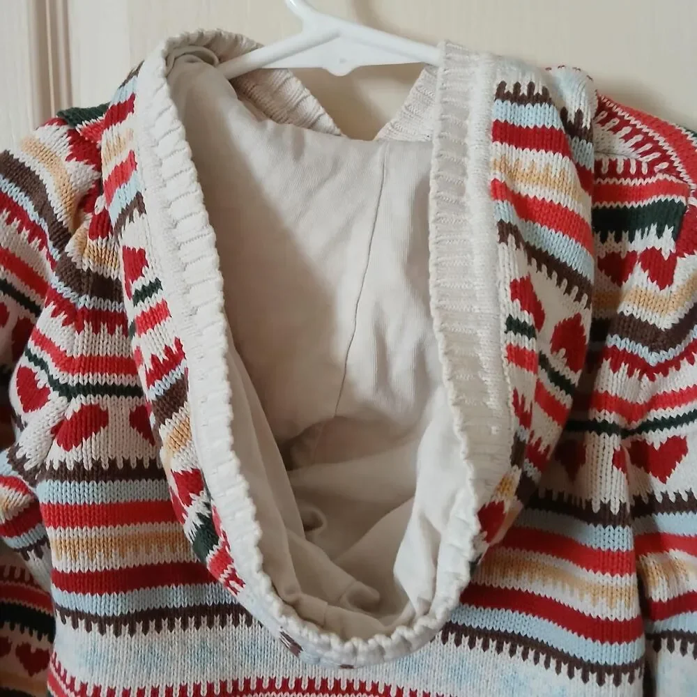 Y2K Vintage Gymboree Mountain Cabin Heart Fair Isle Striped Hooded Cardigan 5